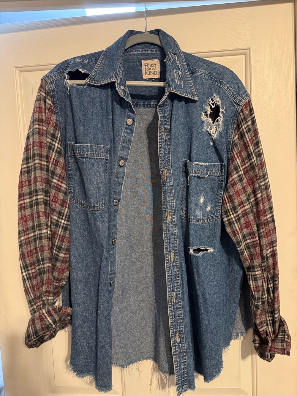 Distressed Denim & Plaid Shirt Jacket - Blue/Burgundy/Grey